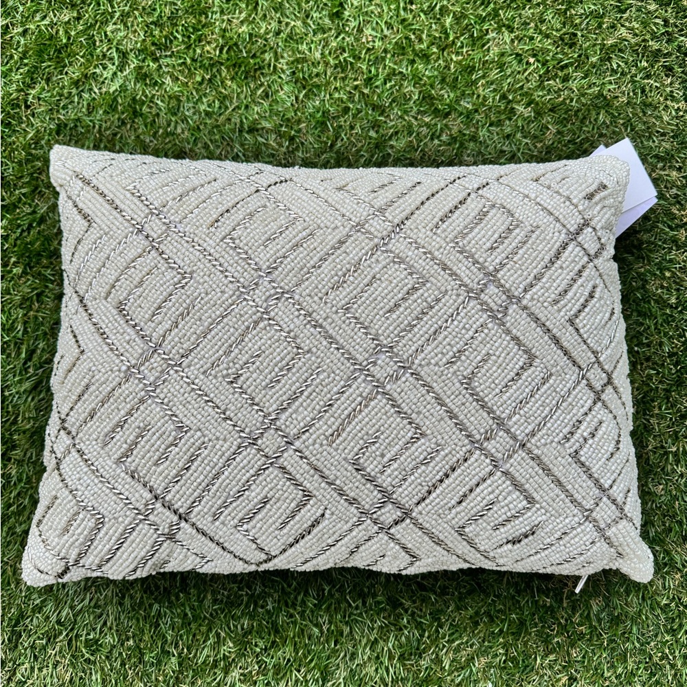 Artistic Accents White Silver Ivory Rectangular l Beaded Pearled Decor Pillow